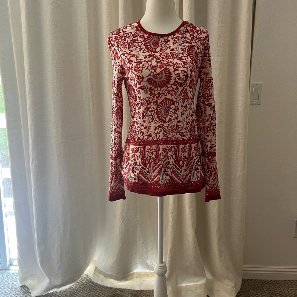 Tory Burch Crimson and Ivory Patterned Blouse